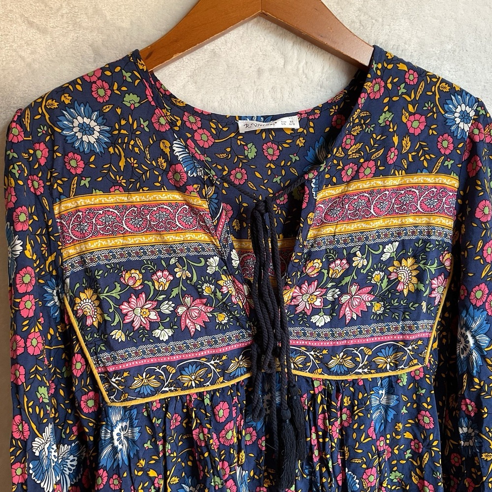 Floral Boho  Dress Womens XS Long Sleeve Midi Maxi Cottagecore Tassels - Picture 4 of 13